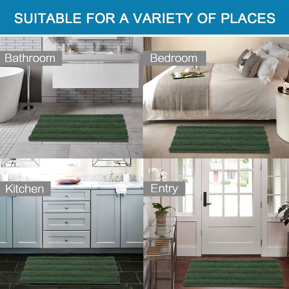Extra Thick Chenille Striped Pattern Bath Rugs for Bathroom Non Slip - Soft Plush Shaggy Mats Floor, Indoor Entryway (Bronze Green, 32 x 20 Plus 24 17 Inches)