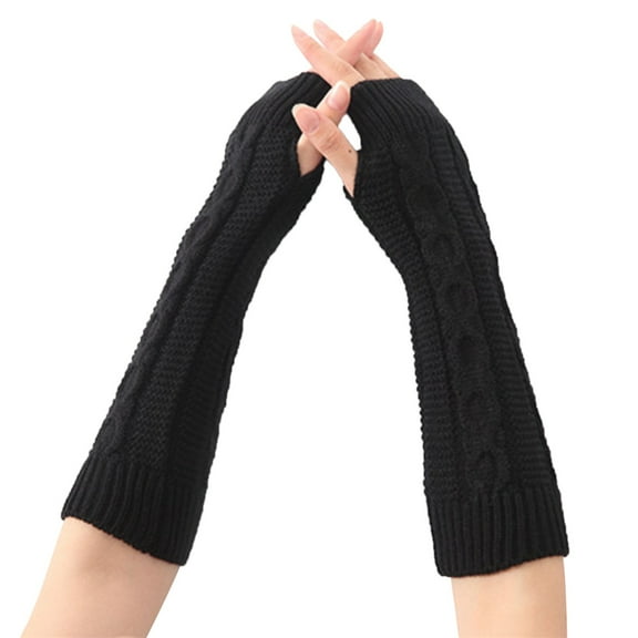 Alitao Fingerless Gloves Arm Sleeves Winter Warm Women's Long Cable Twist Knit Acrylic Gloves Arm Warmers Fingerless Gloves Thumb Hole Gloves Mittens Cycling Gloves Black One Size