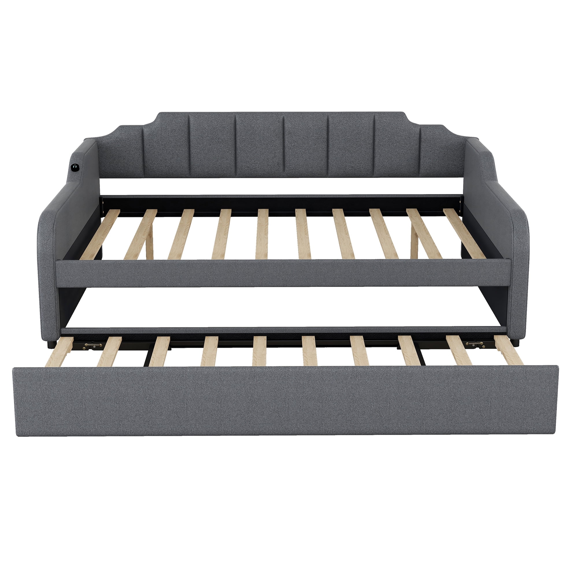 Euroco Full Size Daybed with Trundle, Upholstered with Padded Back for Kids, Gray