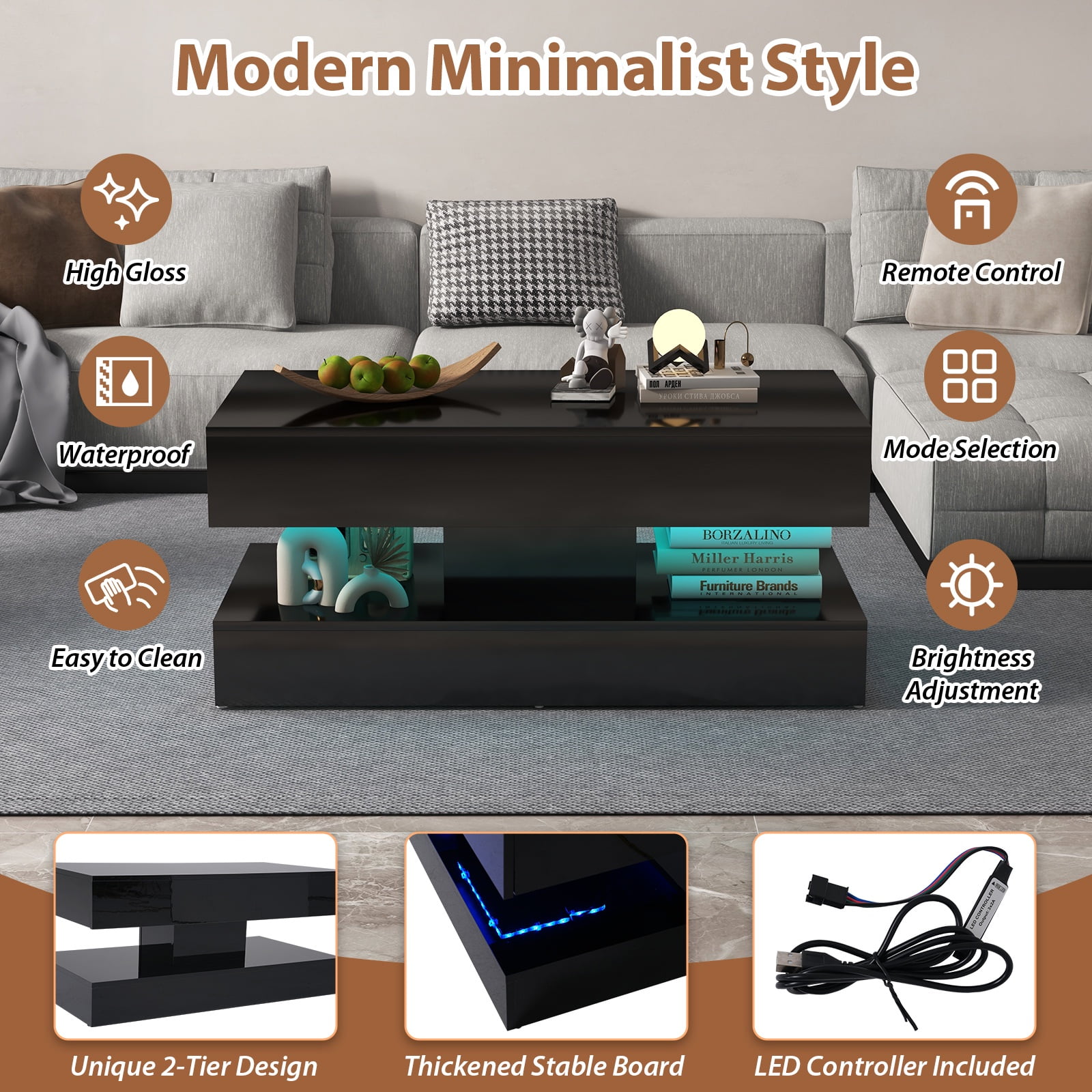 JOIVI LED Coffee Table with 2 Storage Drawers, Modern High Gloss Coffee Table, 2 Tiers Rectangle Center Table, 16-Color LED Lights, Black