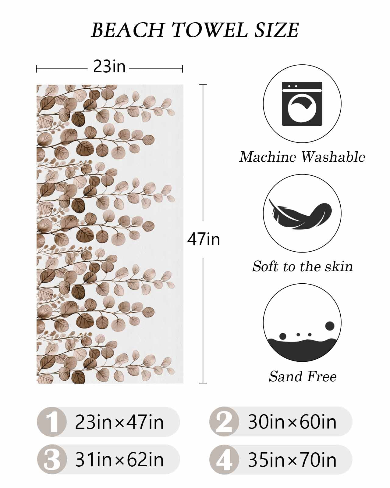 Brown Eucalyptus Leaves Beach Towels Oversized Super Absorbent, Watercolor Floral Leaf Plants Lightweight Bath Towel Quick Dry Sets For Bathroom/Pool/Rv Camping/Beach Play/Gym Room/Picnic 31"x62"