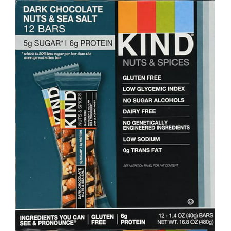 KIND Bars, Dark Chocolate Nuts & Sea Salt, Gluten Free, 5g of Sugar, 1.4 Ounce, 12
