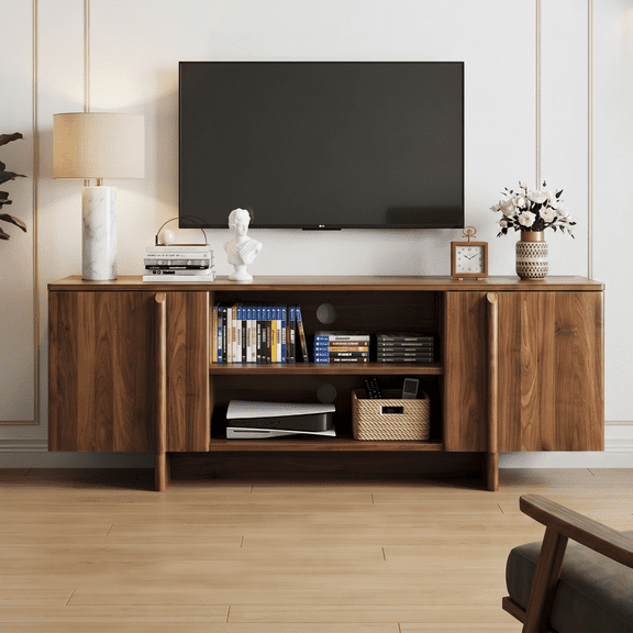 55 Inch TV Stand for TVs Up to 48 Inches, Mid Century Modern Entertainment Center with Storage Cabinets and Open Shelves, Farmhouse Media Console Table with Cable Management, Walnut
