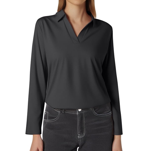 Top de mujer de color liso, manga larga y cuello en V con solapa - Poliéster y spandex - Corte ajustado para uso informal