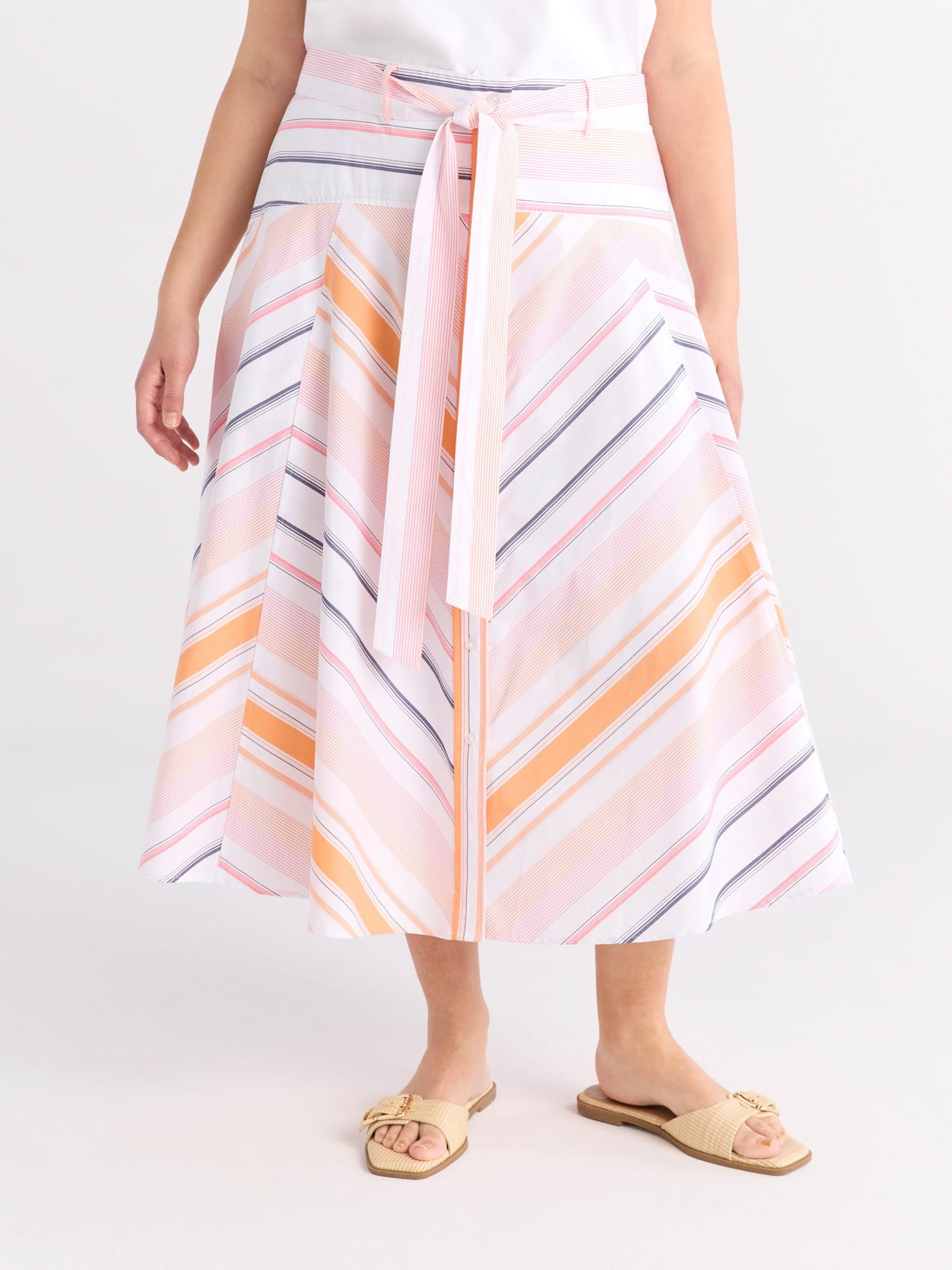 Women's and Women's Plus Size Belted Button Front Cotton Midi Skirt, XS-4X
