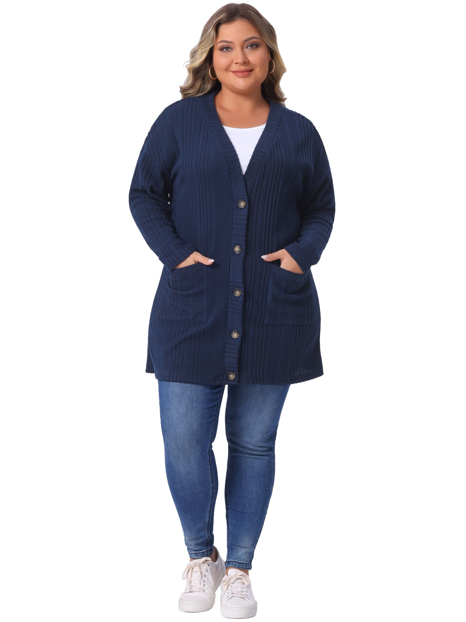 DARING DIVA Women's Plus Button V Neck Knit Cardigan with Pockets 4X Navy Blue