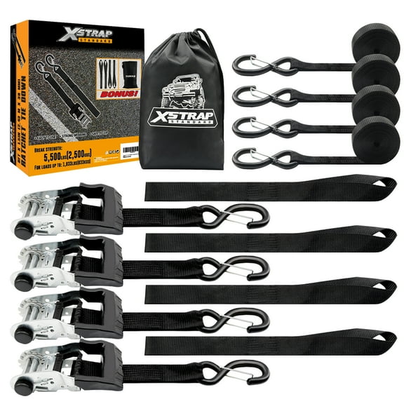 XSTRAP 4pk 1.5in x 15ft Over Size Handle Ratchet Tie Down Straps With Safety Lock S Hooks