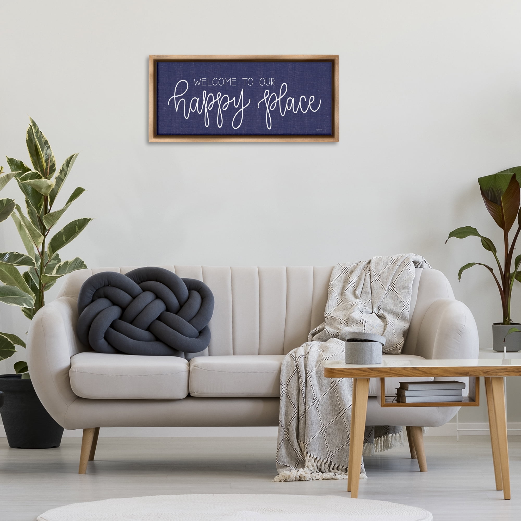Stupell Industries Welcome Happy Place Typography Painting Brown Floater Framed Art Print Wall Art, 31 x 14