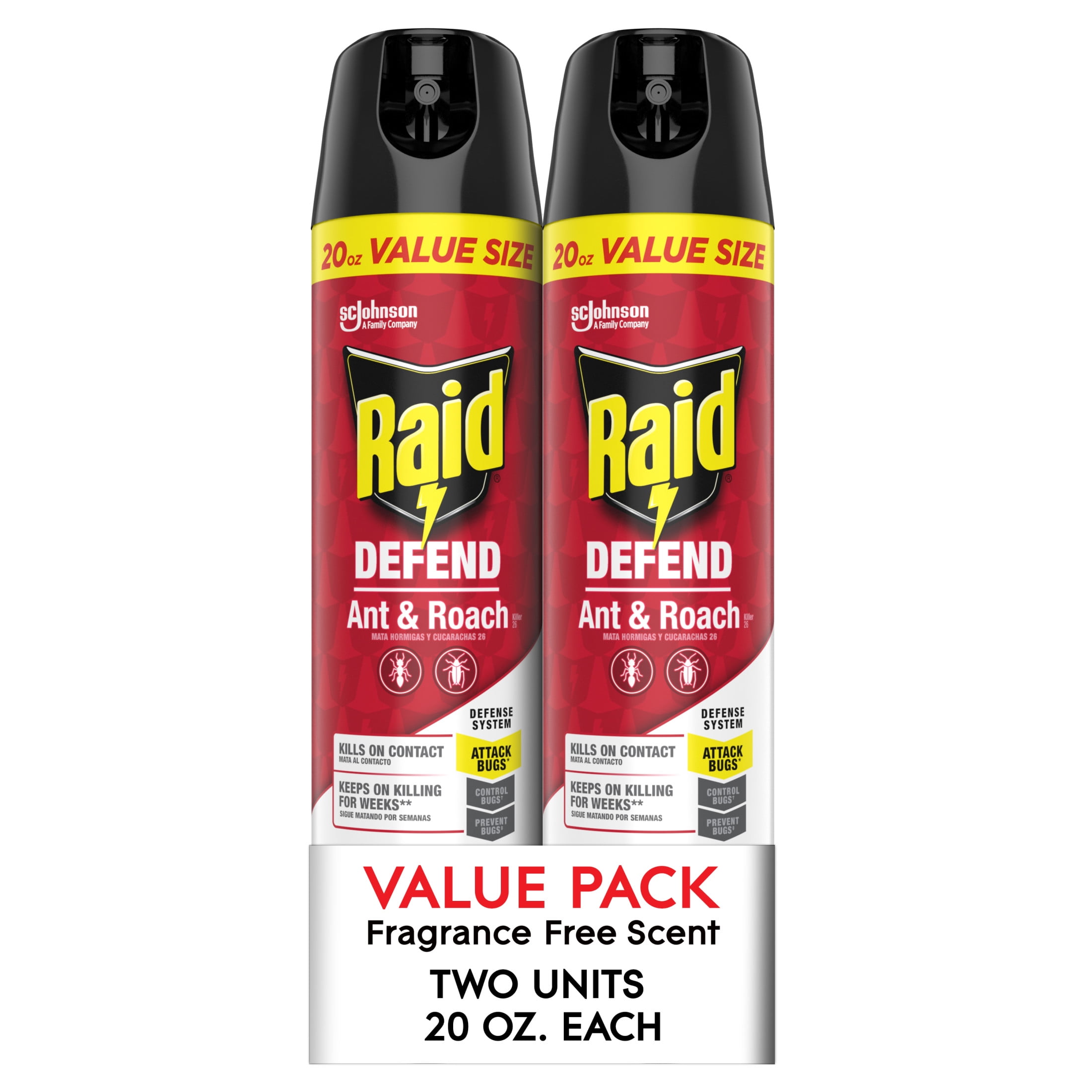 Raid Defend Ant & Roach Killer, Indoor Insecticide, Residual Killing Power, Fragrance Free, 20 oz, 2 Count