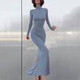 thumbnail image 2 of UTSJKR Women's Maxi Bodycon Dress 2024 Fashion Elegant Solid Stand Collar Dress Waist Slim Fit Flowy Hip Wrap Dress Long Sleeve Sundress Blue XL, 2 of 4