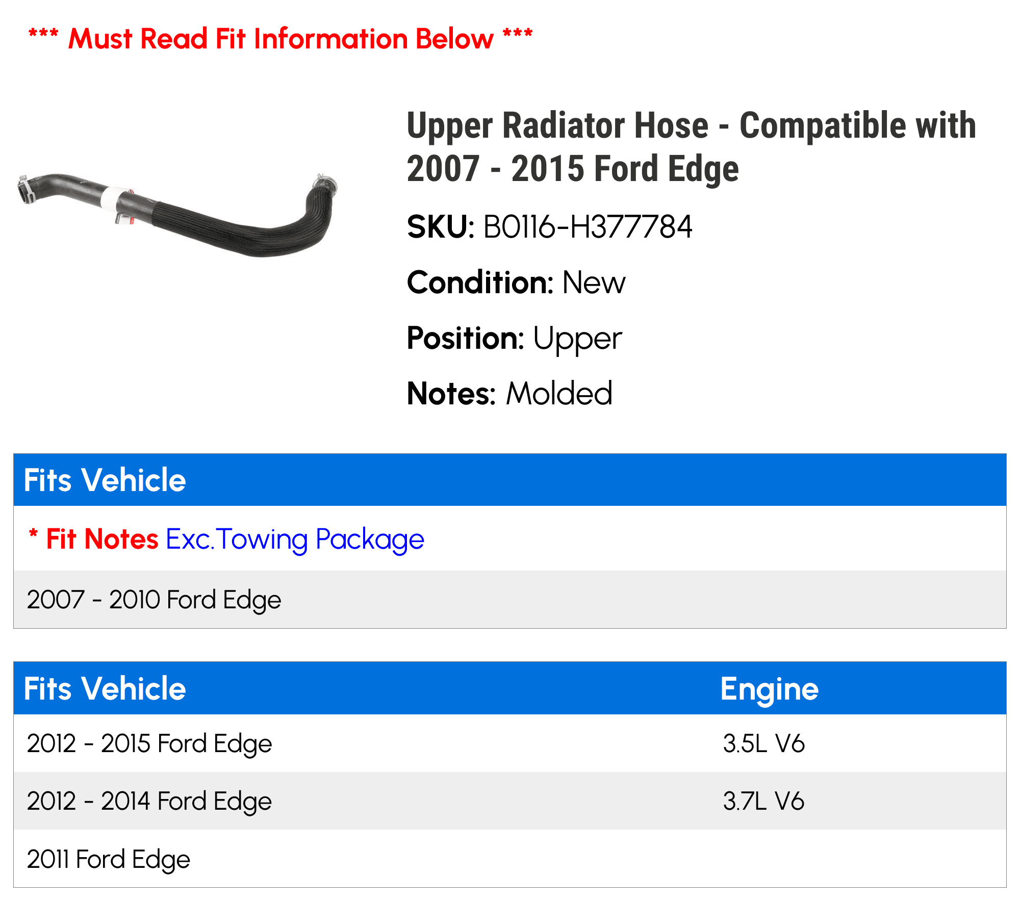 Upper Radiator Hose - Compatible with 2007 - 2015 Ford Edge 2008 2009 2010 2011 2012 2013 2014