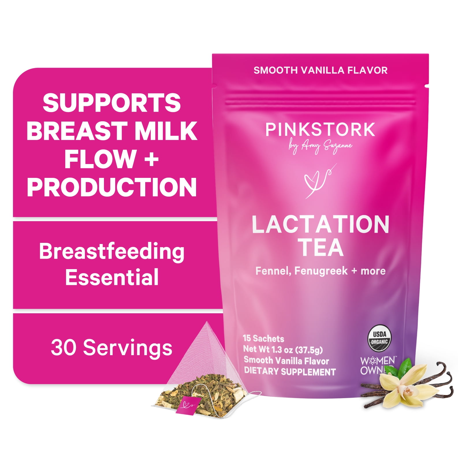 Pink Stork Organic Smooth Vanilla Breastfeeding Support Lactation Tea, 15 Sachets, Mom Milk Supply