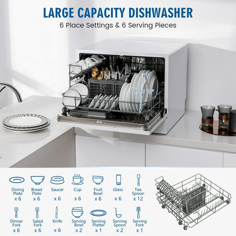 COSTWAY Countertop Dishwasher, Compact Built-In Dishwasher with 6 Places  Settings, 5 Washing Programs, 360° Top & Lower Spray Arms and 24 H Timer
