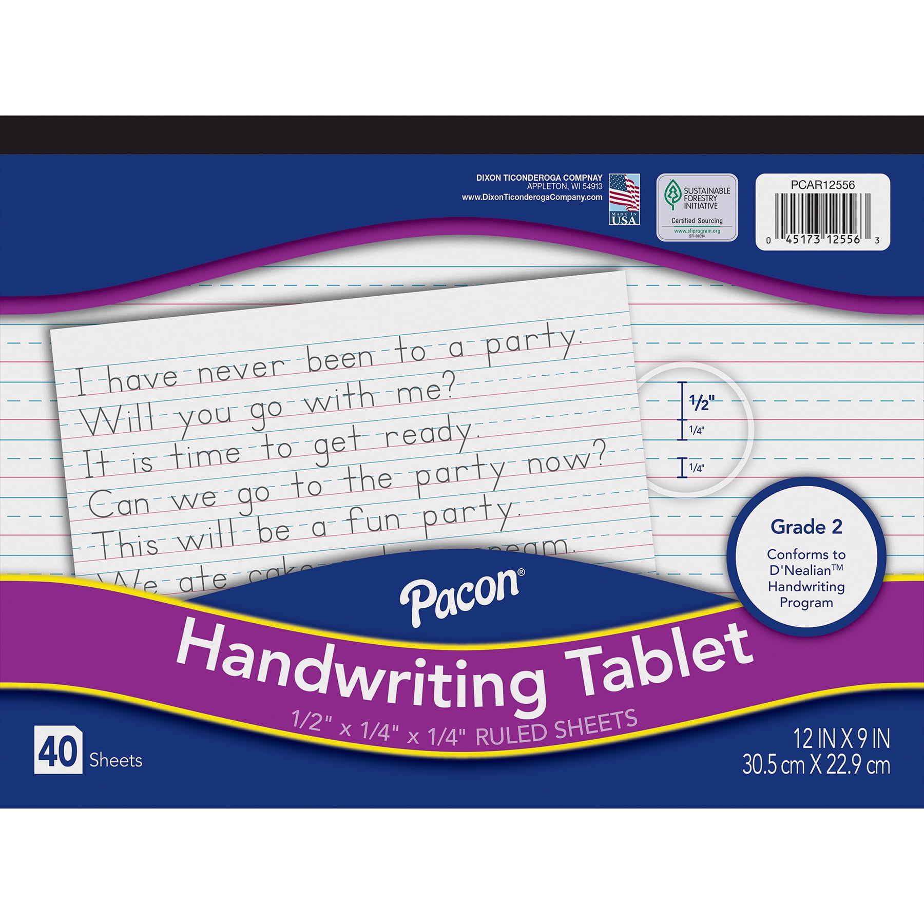 Pacon Handwriting Tablet, White, 1/2 in x 1/4 in x 1/4 in Ruled Long, 12" x 9", 40 Sheets, Pack of 12