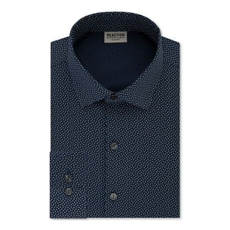 Kenneth Cole Reaction $69.50 Men's Slim-Fit Blue Print Dress Shirt 17 36/37 B+B
