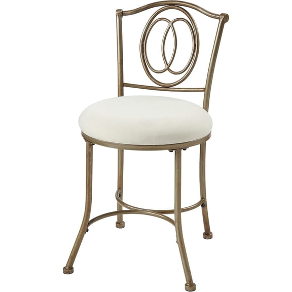 Gold Metal Vanity Stool  Cream White Upholstered Seat, Decorative Backrest, Foam Cushion  Glam Bathroom or Bedroom Makeup Stool with Golden Bronze Iron Frame