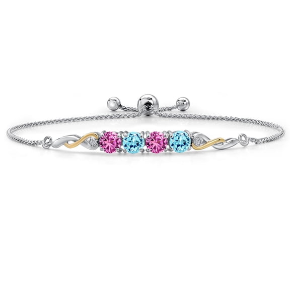 925 Silver and 10K Yellow Gold Pink Created Sapphire and Blue Apatite and White Lab Grown Diamond Bracelet for Women | 2.11 Cttw | Gemstone September Birthstone | Round 5MM | Fully Adjustable 9 inch