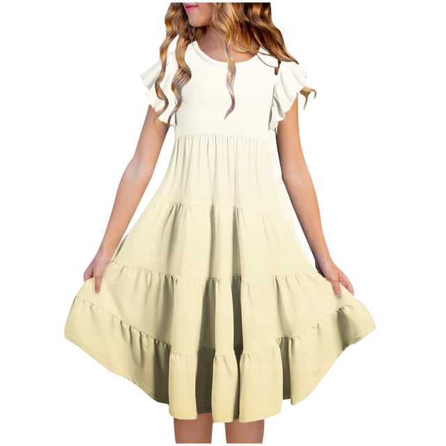 yoeyez Robes pour Enfants Filles 4-16 Fête Enfants Manches Volantées Robe Maxi à Volants Imprimé Dégradé Col Ras du Cou Robes Soleil Robe de Fête d'Anniversaire pour Enfant Or,8 Ans