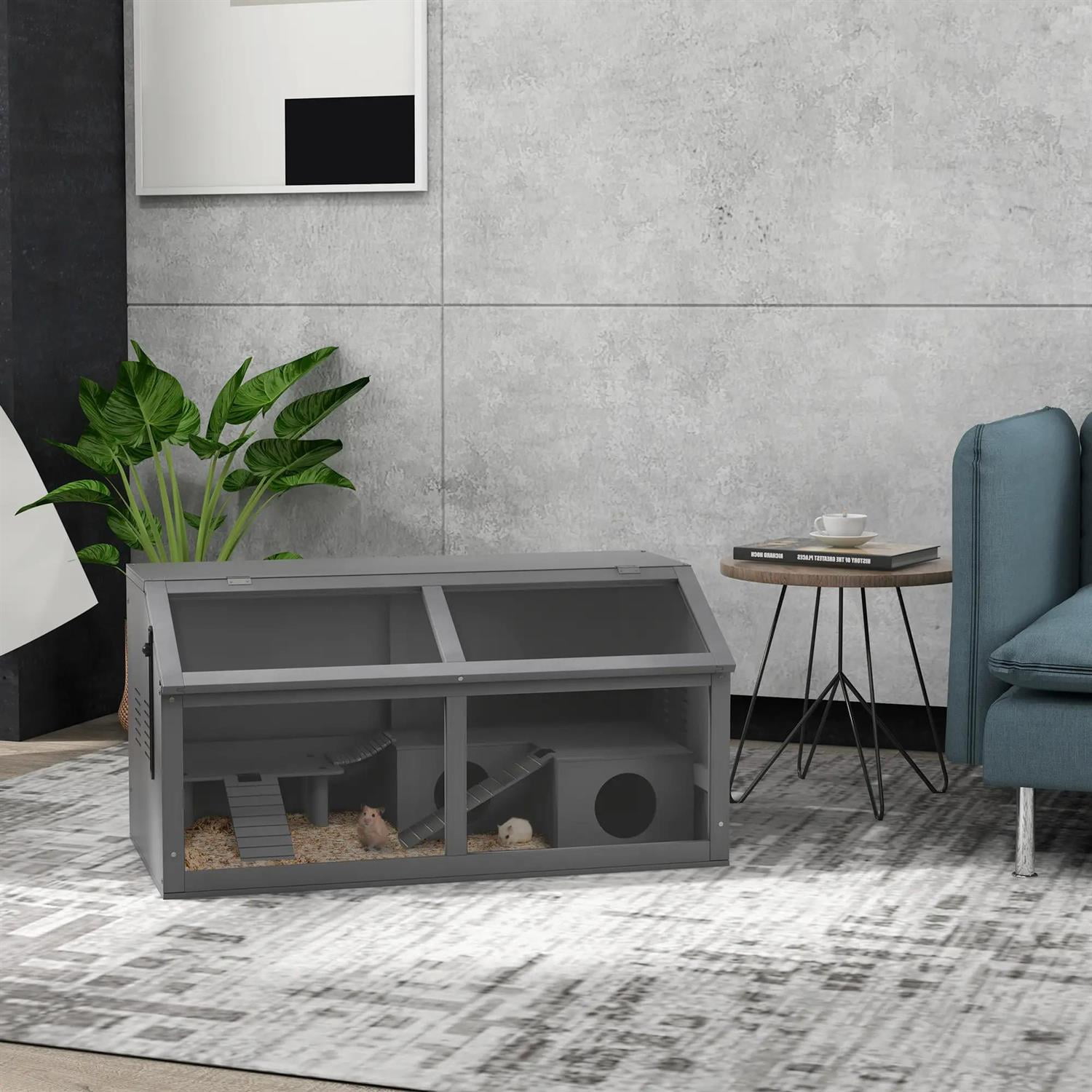 Pefilos Wooden Hamster Cage with Suspension Bridge, Ladders, Seesaws, Water Bottle, Small Animal Cage for Syrian Hamsters Degus or Other Similar, Gray