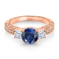 thumbnail image 2 of Gem Stone King 18K Rose Gold Plated Silver Blue Created Sapphire and White Moissanite Engagement Ring for Women (2.14 Cttw, Gemstone September Birthstone, Round 7MM and 4MM, Size 5), 2 of 3