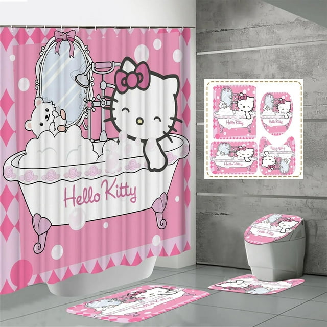 Rideau de Douche Kawaii Hello Kitty Ensemble Quatre Pièces Kit Anime Sanrio Impression Rideau de Douche Tapis Coussinet en U Imperméable Neuf LS