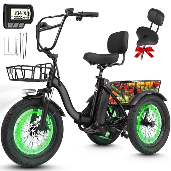 ESKUTE T300 E Trike Electric Tricycle for Adults, 750W Brushless Motor 18MPH Fat Tire Folding Trike, Step-Thru 3 Wheel Electric Bicycle, Up to 55 Miles Black with Oversized Seat, UL2849