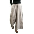 thumbnail image 5 of Women's Striped Wide Leg Lounge Pants Cotton Linen Palazzo Summer Elastic Waist Casual Pant Trousers With Pockets (L, Beige), 5 of 5