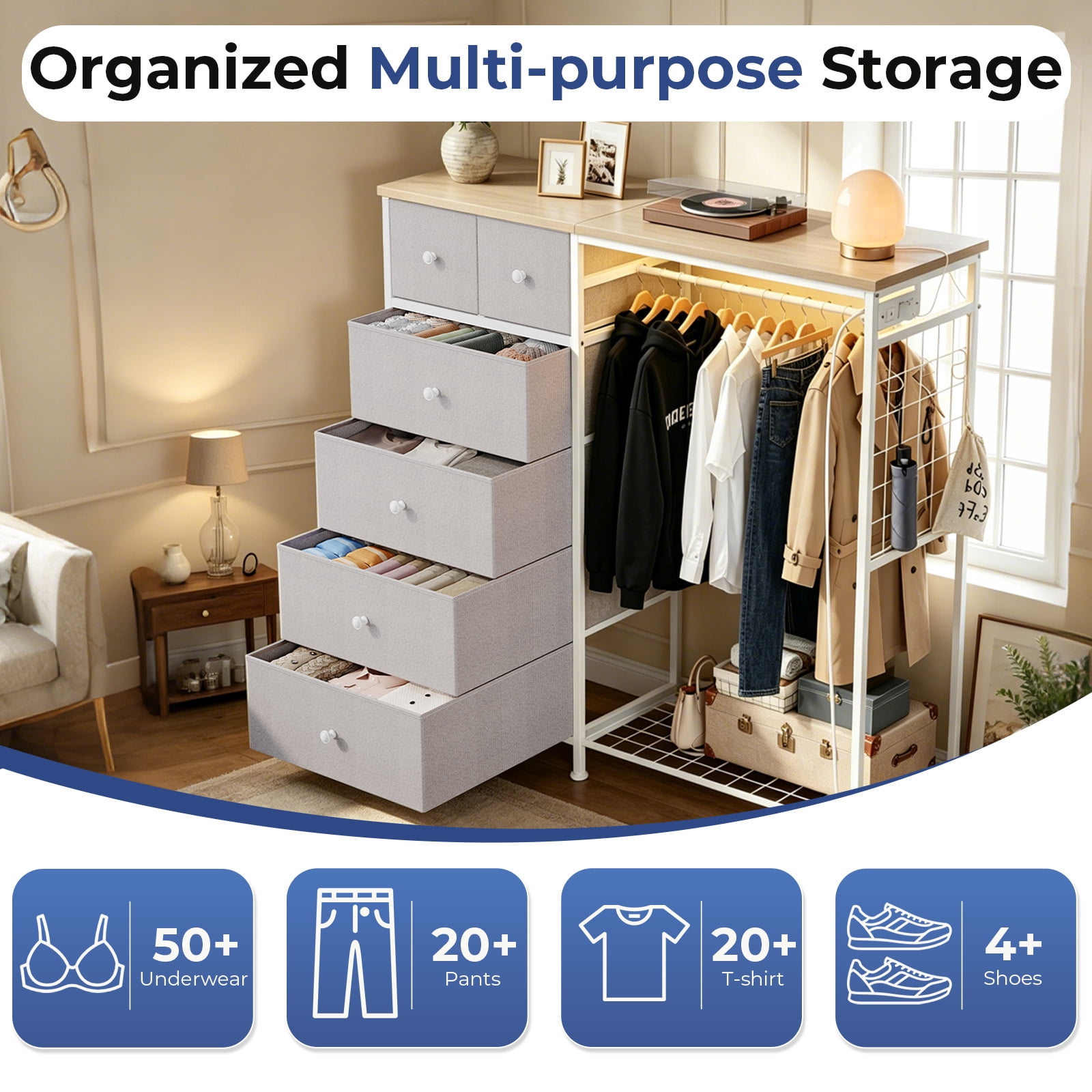 CONCETTA Dresser for Bedroom with Hanging Rack 6 Drawers Dresser, LED Lights & Charging Station, Wooden Top, Grid Panel, Light Gray