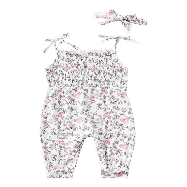 Barboteuse et Coiffe pour Bébé Fille Été, Imprimé Floral, Sans Manches, Combinaison à Bretelles Nouées