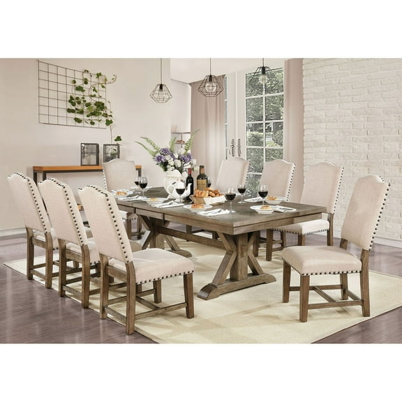 Dining Room Furniture Rustic 9pc Dining Set Table w 18" Leaf 8x Dining Chairs Light Oak Beige Upholstered Seat Chairs