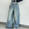 thumbnail image 6 of GXWEA Baggy Jeans Kids Wide Leg Jeans For Girls 6-7 Kids Girls Jeans Distressed Elastic Waist Baggy Denim Wide Leg Pants Trousers 8-9 Years, 6 of 8