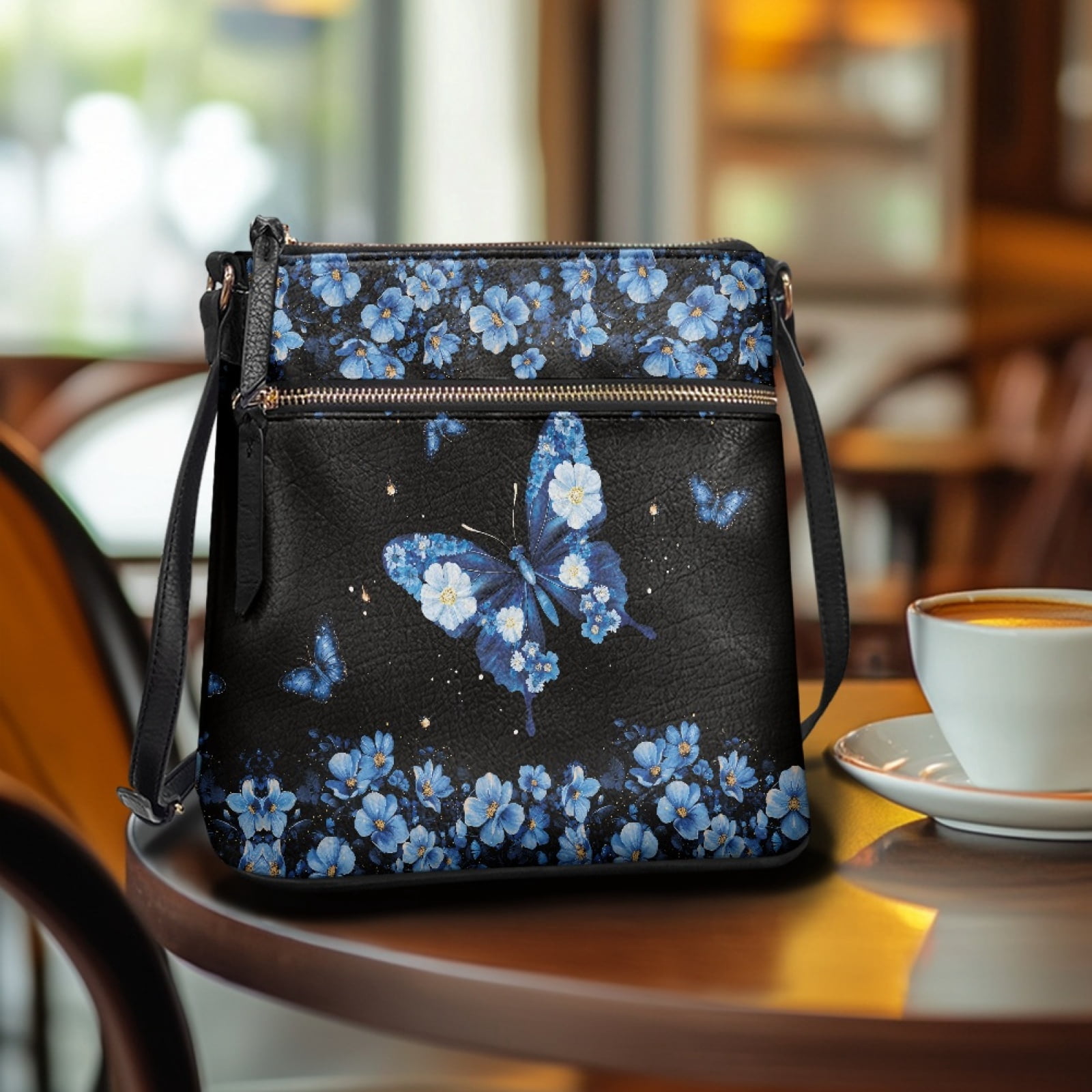 ZUXONGSY Butterfly Daisy Floral Print PU Leather Shoulder Bag for Women Lightweight Crossbody Purse Messenger Bag Casual Multiple Pockets Bag with Zipper for Daily Use Travel