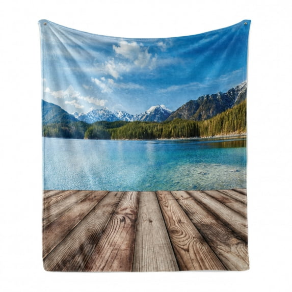 Mountain Soft Flannel Fleece Throw Blanket, Snowy Mountain Tops from Old Wood Deck Pier by Sea Idyllic Calm Coastal Charm, Cozy Plush for Indoor and Outdoor Use, 50" x 60", Blue Brown, by Ambesonne