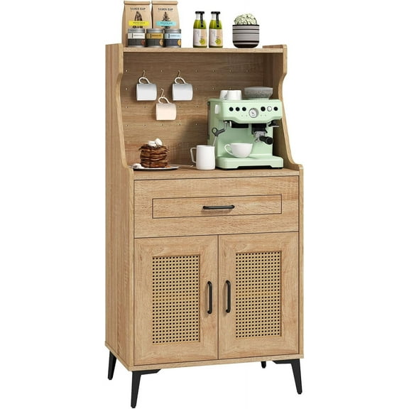 LOKO 45.5” Kitchen Pantry Cabinet, Coffee Bar Cabinet with DIY Pegboard, Rattan Buffet Sideboard with Storage Drawer & Adjustable Shelf, Mid Century Modern Hutch Cabinet for Living Room, Oak (1)