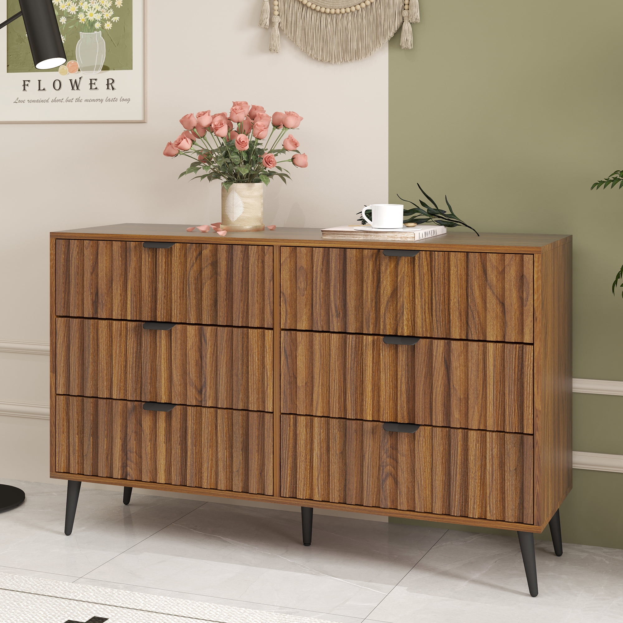 6-Drawer Fluted Dresser – Modern Natural Wood Dresser with Blister Drawers, Brown, Stylish Storage for Bedroom or Office