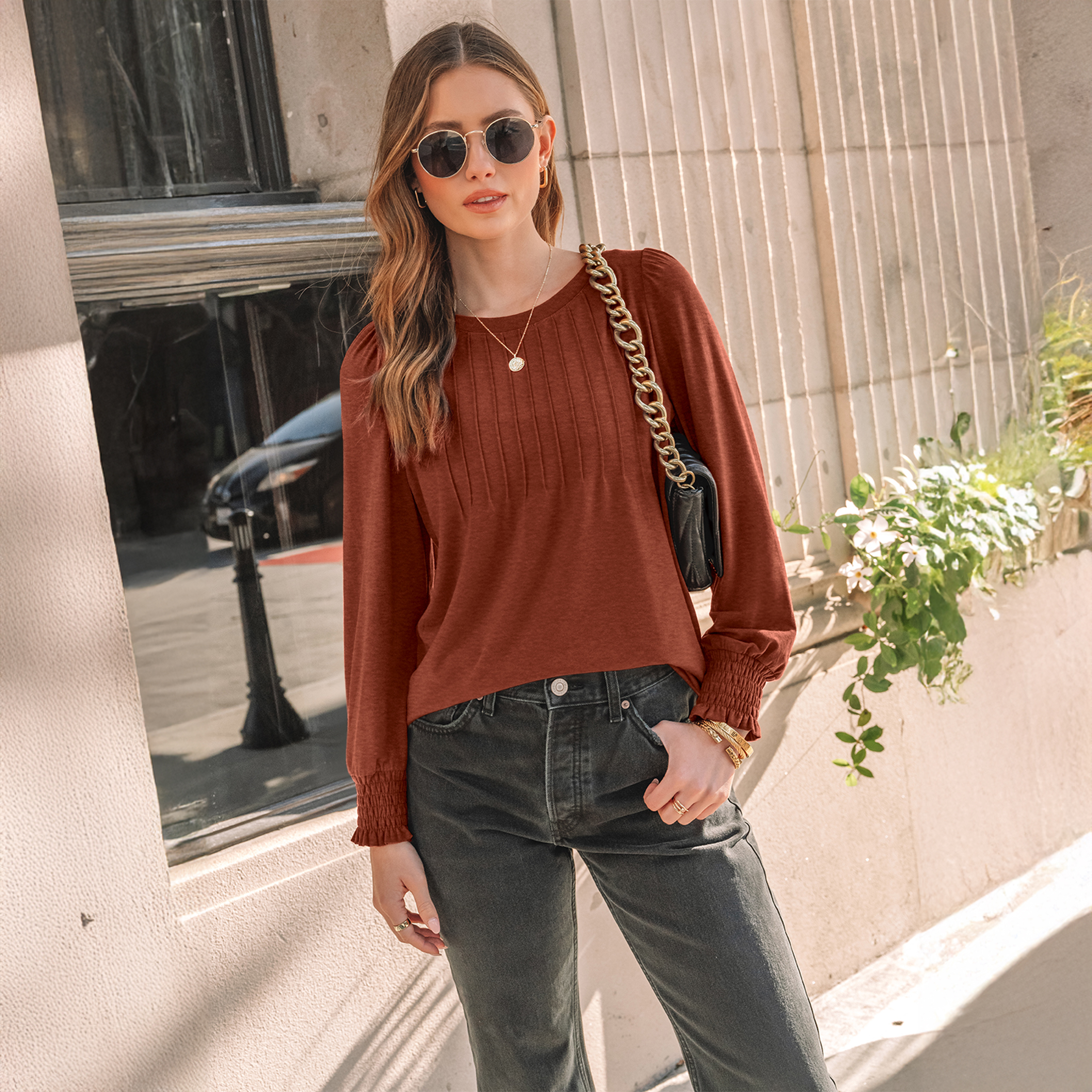 SUNBS Women's Pleated Long Sleeve Blouse, Orange photo 2
