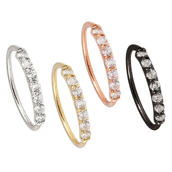 925 Sterling Silver Nose Ring, 22G Nostril Hoop Ring, Helix Earring, Cartilage Earring, 9mm Inside Diameter, Prong set 7-CZ Accented - 4 colors