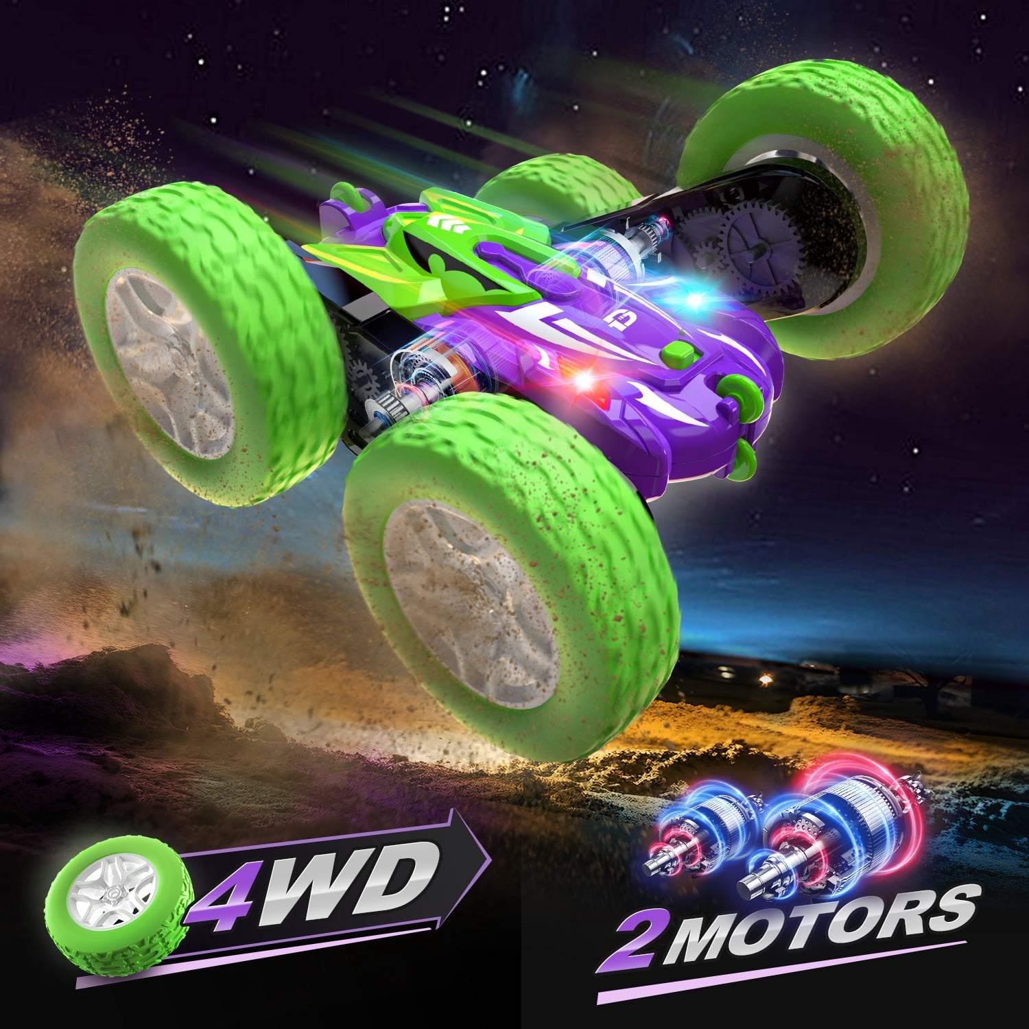 DEERC Remote Control Car, Double-Sided Driving RC Stunt Cars, 360° Spin 4WD Off-Road Car W/Dual Motors LED 2.4GHz Indoor/Outdoor Toy for Boys Age 4-7