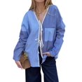 thumbnail image 1 of Blusa Informal de Larga con Cuello en V, A Rayas y Lazo Frontal para Mujer, con Patchwork y Bloques de Color Azul L, 1 of 9