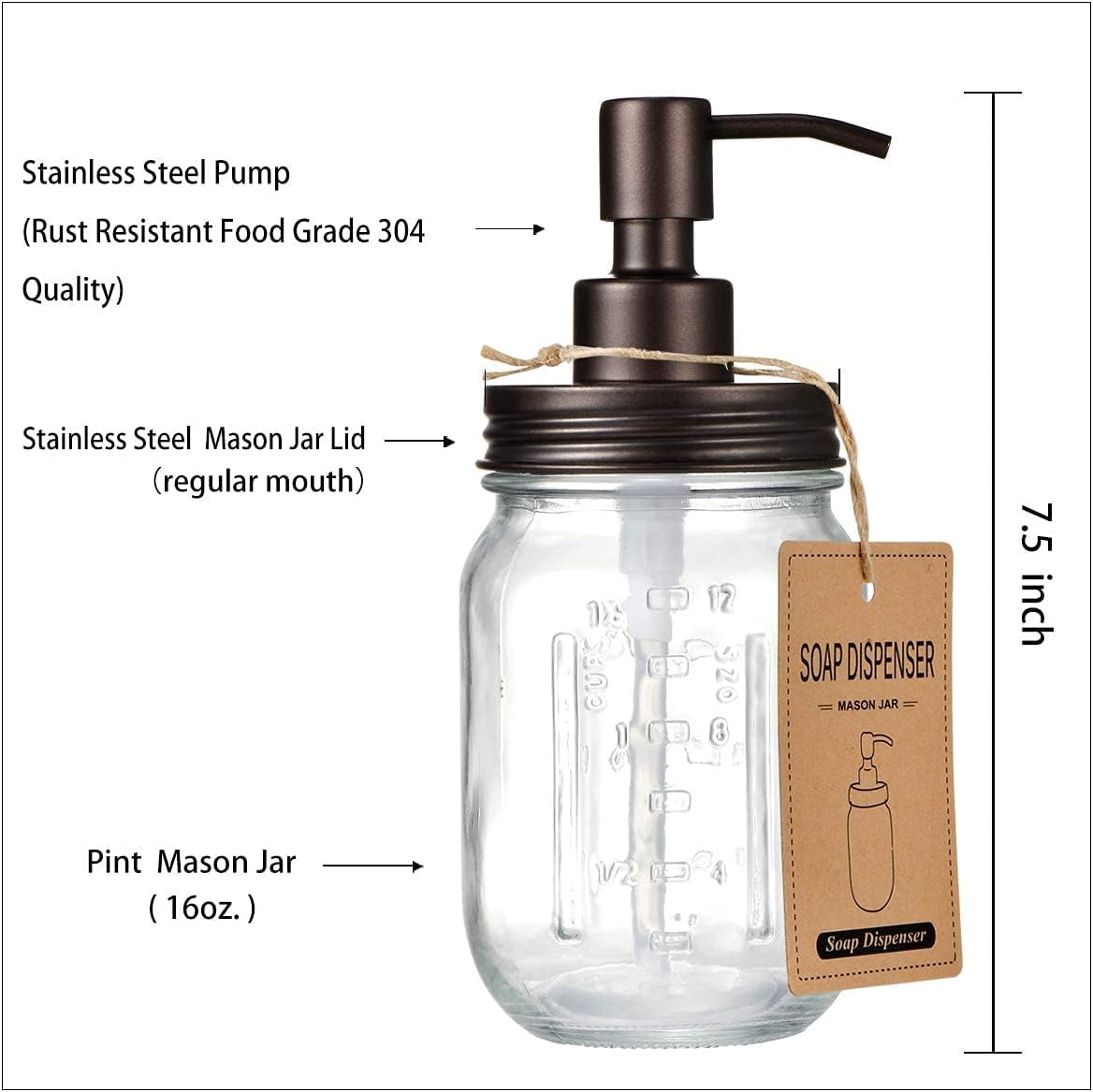 Mason Jar Liquid Soap Dispensers, Rustproof Stainless Steel Mason Jar Lid Pump, Refill Hand Soap, Lotions, Dish Soap, Liquid Soap, Bath Soap, Farmhouse Decor for Bathroom, Kitchen 2PC(Bronze)