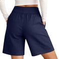thumbnail image 3 of Women's Cotton Linen Mid Rise Elastic Waist Shorts with Pockets Cozy Fashion Solid Casual Knee Length Summer Beach Daily Shorts 07-Navy M, 3 of 3