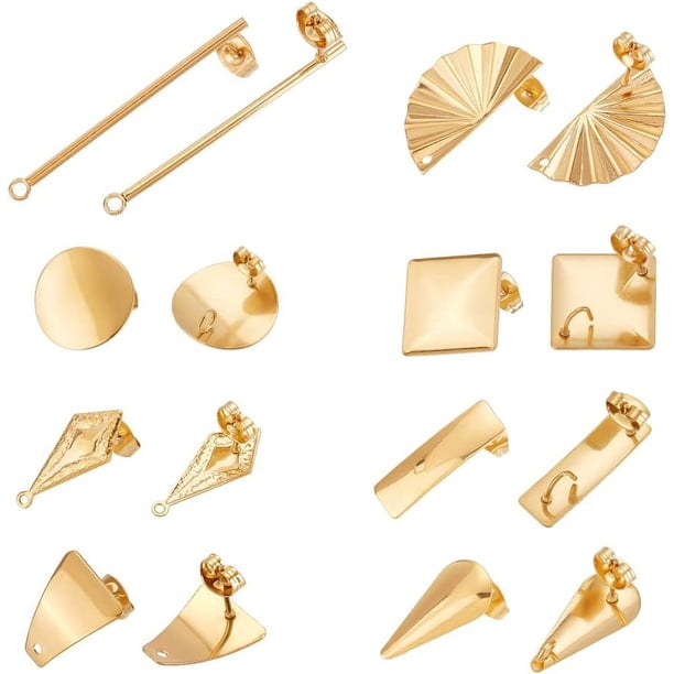 16 pendientes geométricos dorados de 0,8 mm con 8 estilos, de acero inoxidable 304, con aro, de metal, rectangulares, rombos y tuerca.