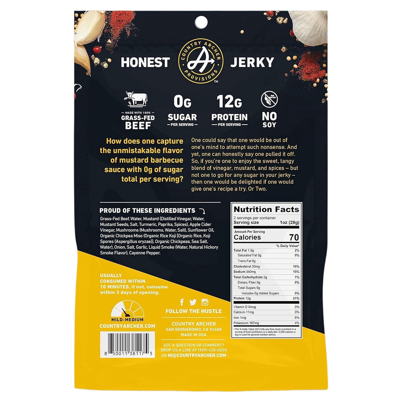 Zero Sugar Mustard BBQ Beef Jerky by Country Archer | 100% Grass-fed, Sugar-free Beef Jerky | Keto, Low Carb, Protein Snacks | 2 Ounce (6 Pack)