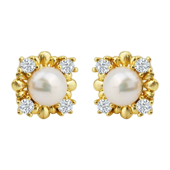 V3 Jewelry® 18KT Gold Over Sterling Silver with Freshwater pearl and White Sapphire Halo Stud Earrings for Women