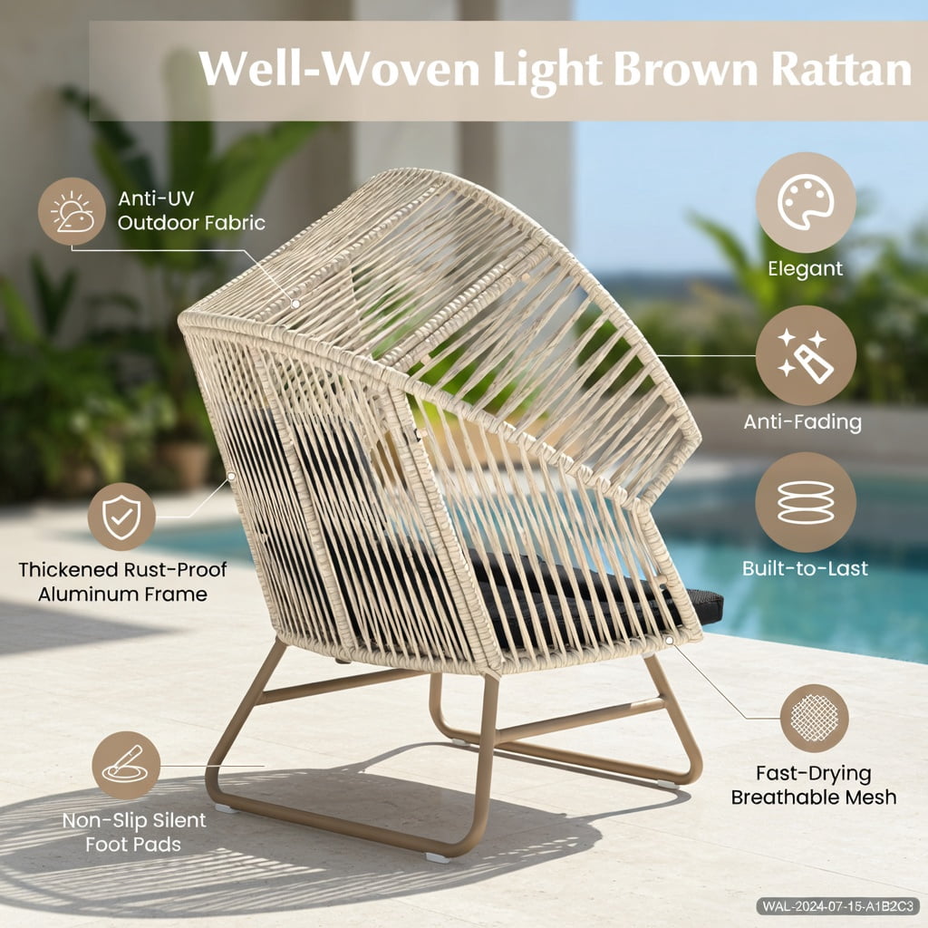 Hommoo Oversized Wicker Egg Chair with Thick Cushions, Headrest, and Heavy-Duty Metal Frame, Indoor/Outdoor Lounge Seating, Black