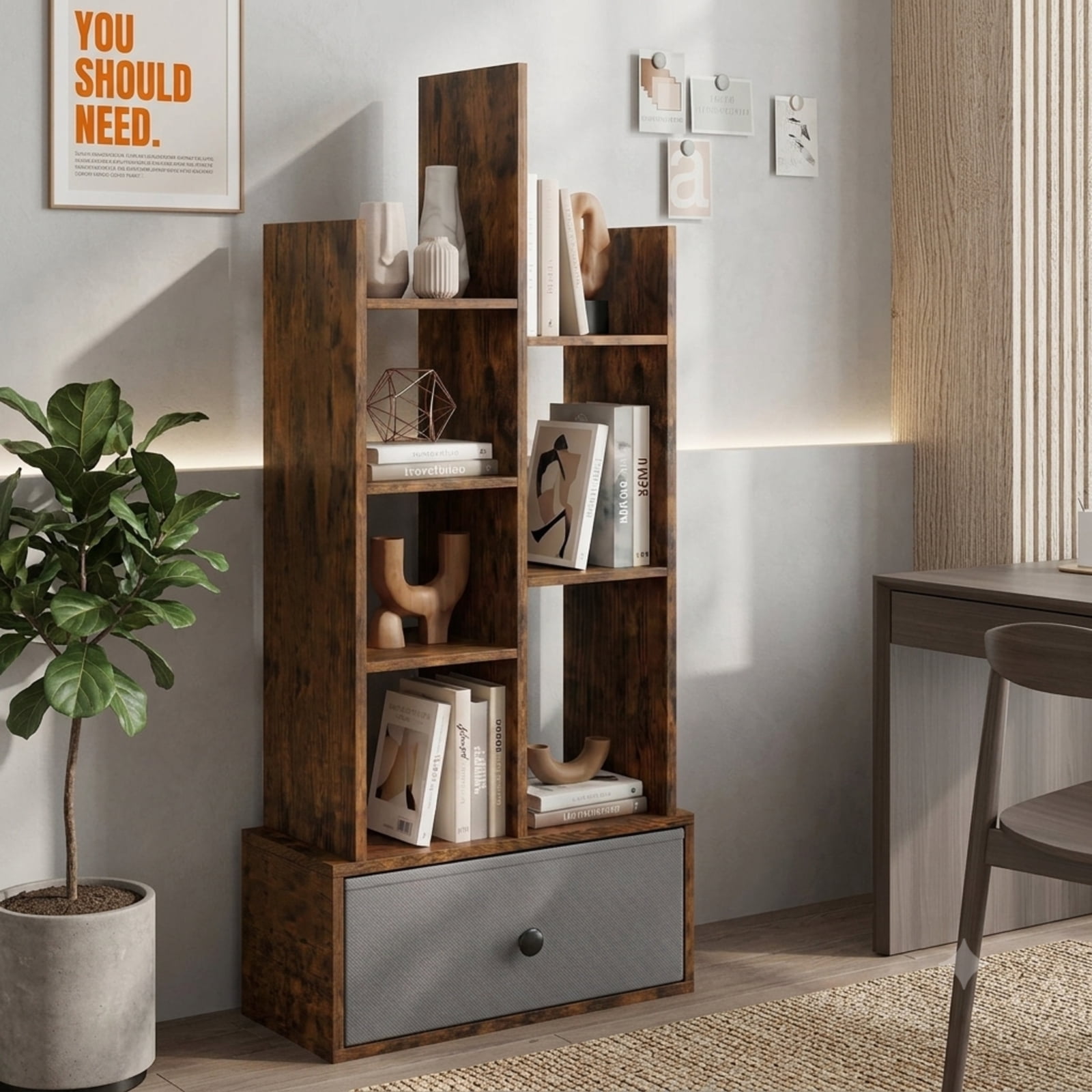 Furnibear 7-Tier Open-Back Tall Bookshelf with Fabric Drawer and Anti-Toppling Kits Freestanding Wood Storage for Home Office, Rustic Brown