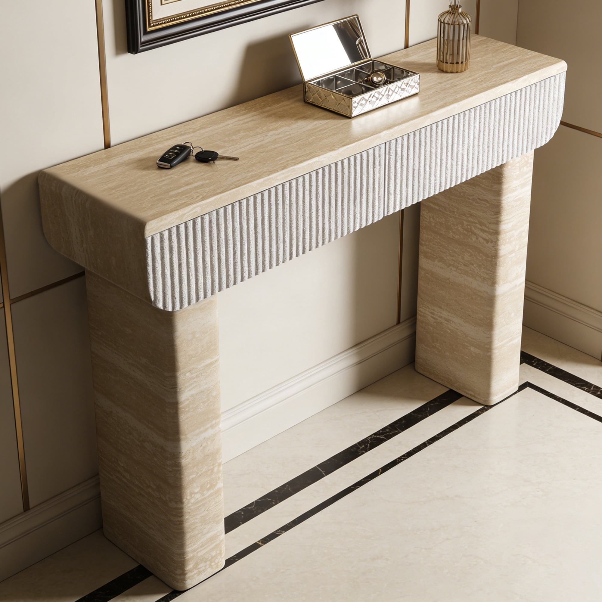 Shaiailed 47" Faux Travertine Console Table with 2 Drawers,Long Entryway Table, Narrow Hallway Table,Foyer table,Contemporary Sofa Table Behind Couch with Storage for Living Room