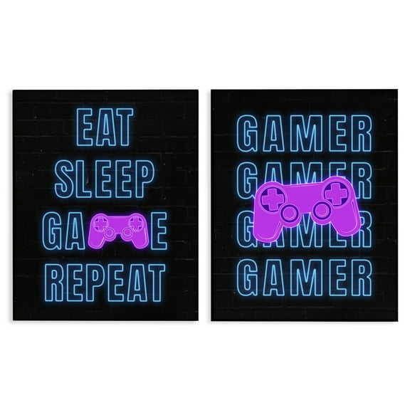 Stupell Industries Neon Gamer Eat Sleep Entertainment Painting Wrapped Canvas Art Print Wall Art, 16 x 20, Set of 2