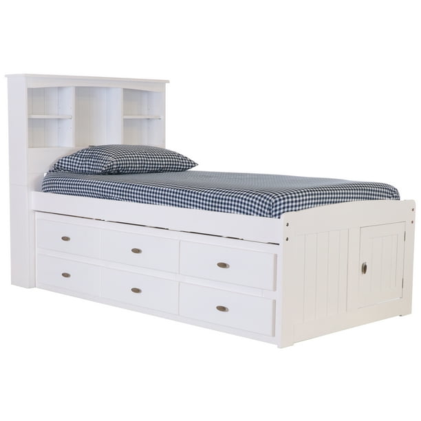 Solid Pine Twin Captains Bookcase Bed, Full Bookcase Daybed With 6 Drawers White