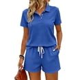 thumbnail image 2 of Women's 2 Piece Polo Outfits Set, Short Sleeve Button Collared Top with Drawstring Pocket Shorts, Summer Casual Athletic Tracksuit for Daily Wear 03-Blue M, 2 of 5